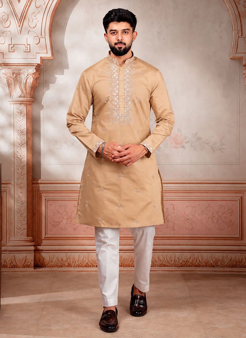 Chikoo Cotton Embroidered Kurta Pyjama For Men Festive Wear