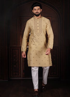 Chikoo Cotton Jacquard Kurta Pyjama For Men