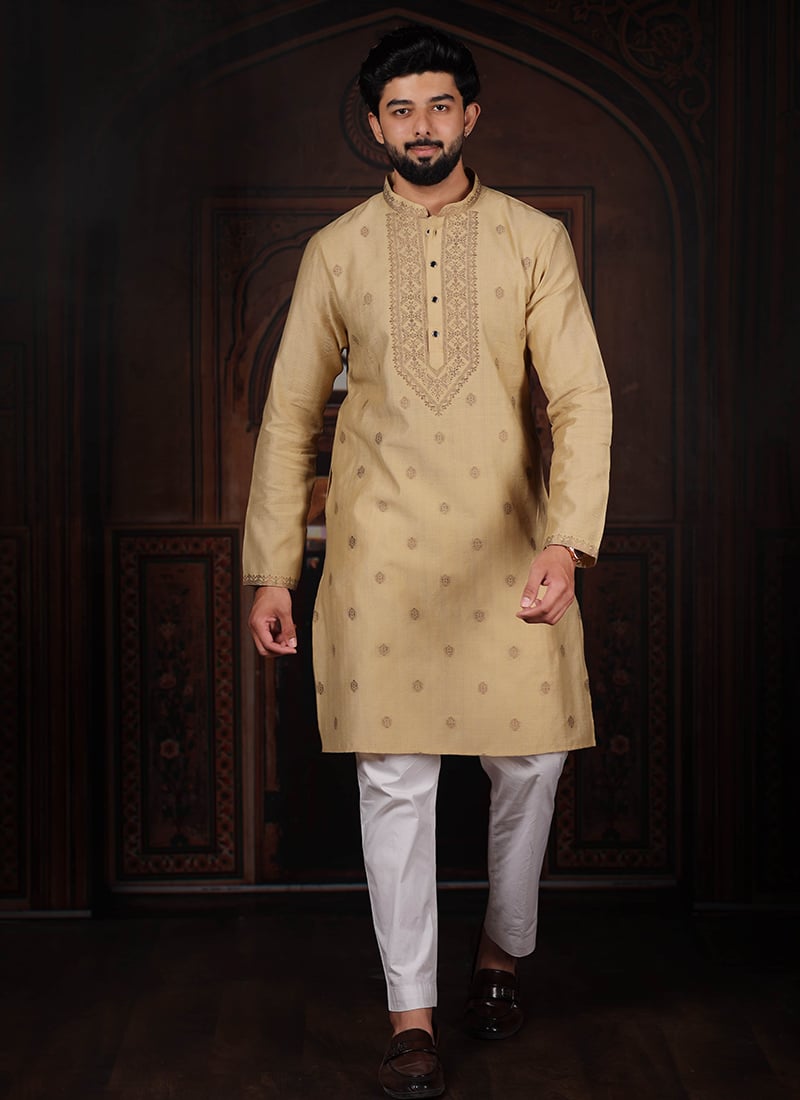 Chikoo Cotton Jacquard Kurta Pyjama For Men Festive Wear