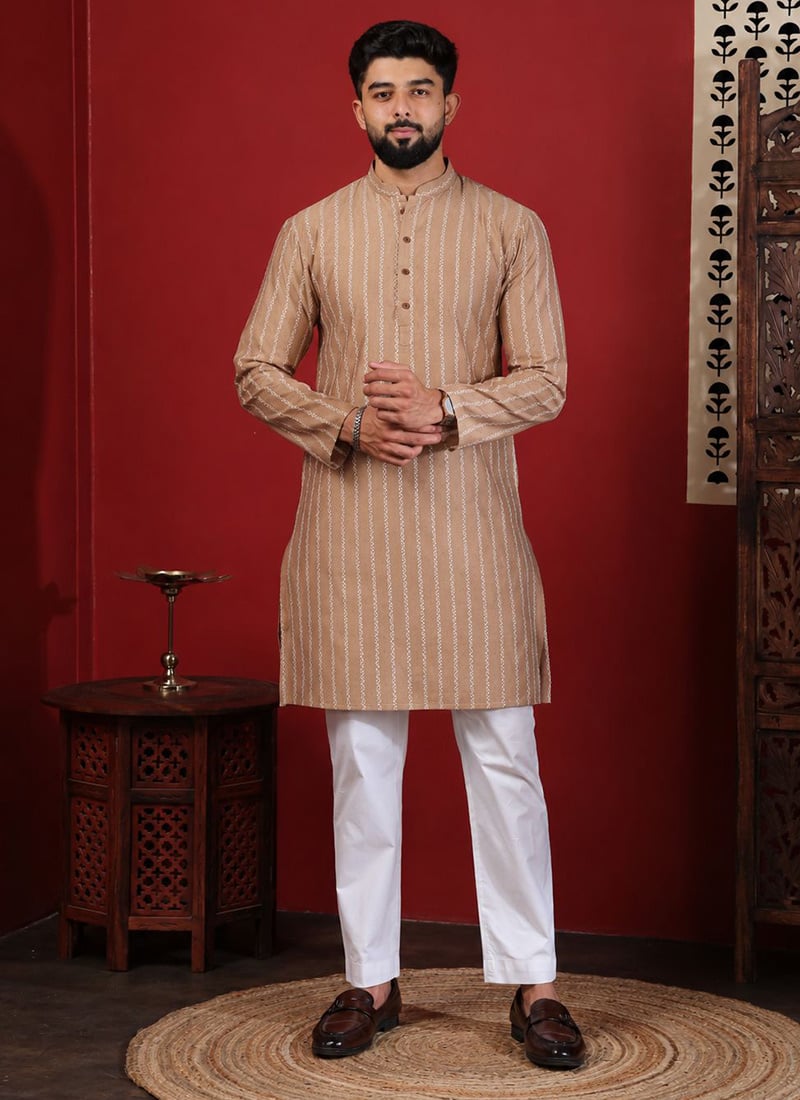 Chikoo Cotton Printed Kurta Pyjama For Men Festive Wear