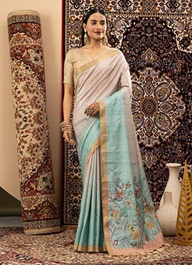 Chikoo Handloom Silk Thread And Digital Print Saree