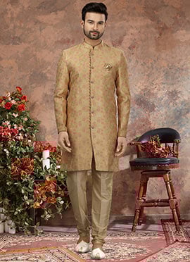 Chikoo Jacquard Silk Zari Work Classic Sherwani