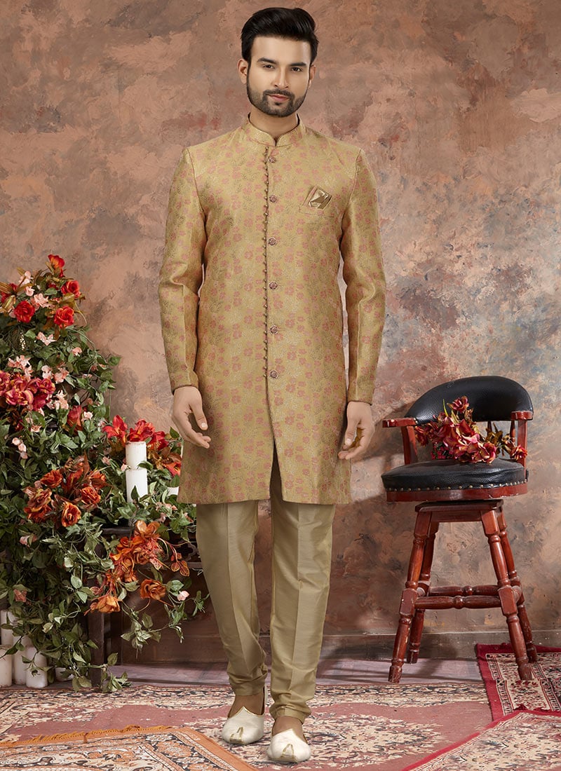 Chikoo Jacquard Silk Zari Work Classic Sherwani