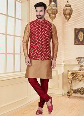 Chikoo Silk Dupion Kurta Pyjama With Jacket
