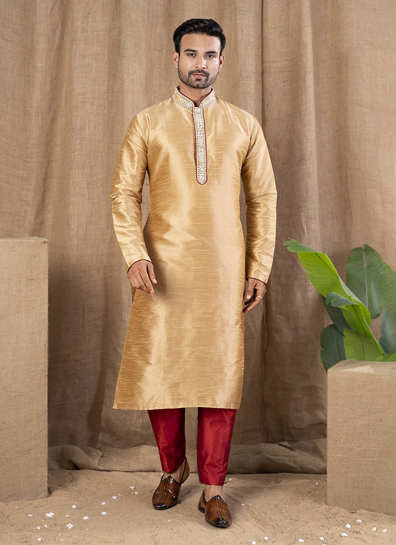 Chikoo Silk Embroidered Kurta Pyjama
