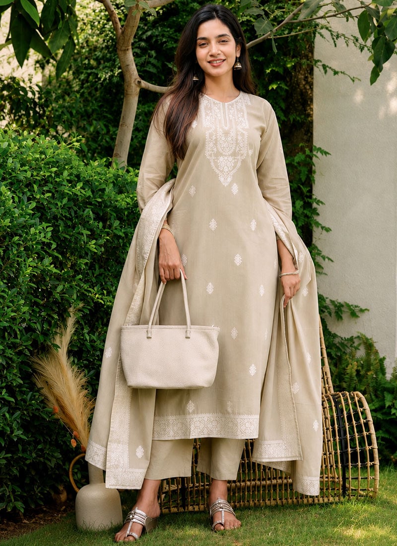 Chiku Brown Cotton Printed Classic Straight Pant Suit Work Wear