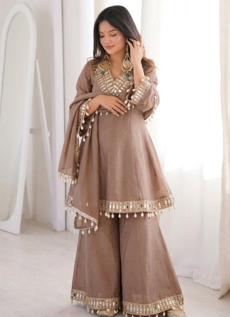 Chiku Chinon Mirror Work Palazzo Suit Festive Wear