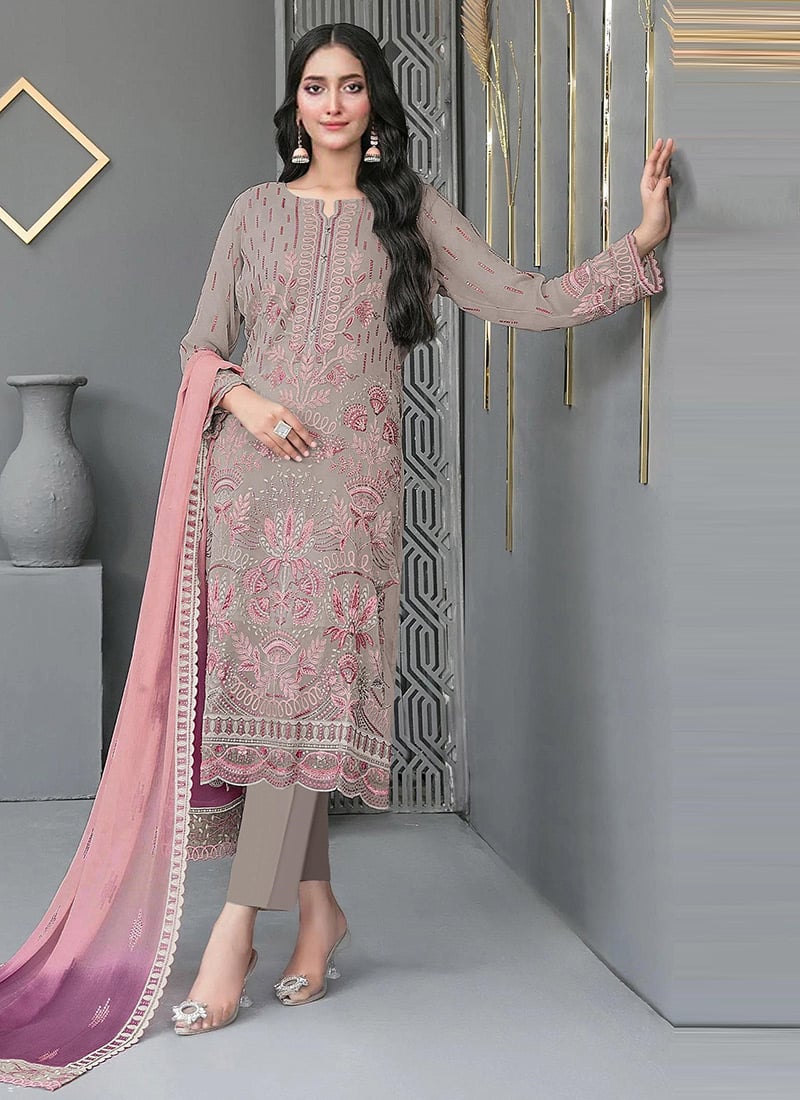 Chiku Georgette Embroidered Sequins Straight Pant Suit Festive Wear