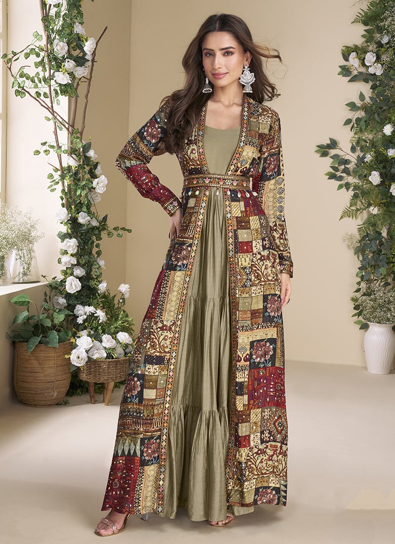 Chiku Georgette Printed Embroidered Sequins Stones Mirror Work Jacket With Gown Festive Wear-BGWRSCC57365824