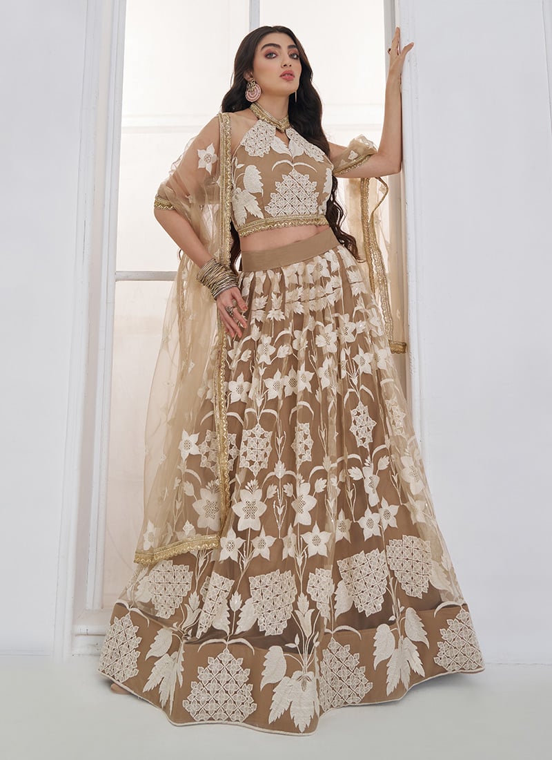 Chiku Net Sequins Thread Embroidered Lehenga Wedding Wear