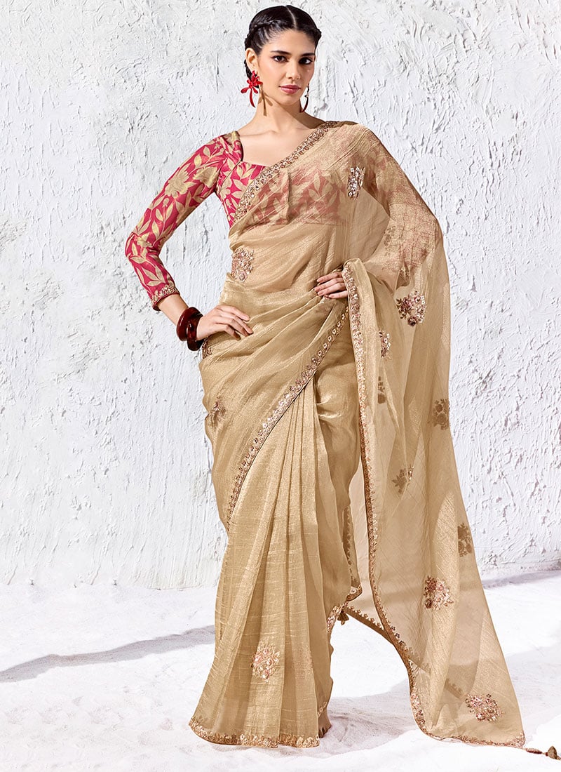 Chiku Organza Silk Embroidered Saree with Digital Print Blouse After Six Wear