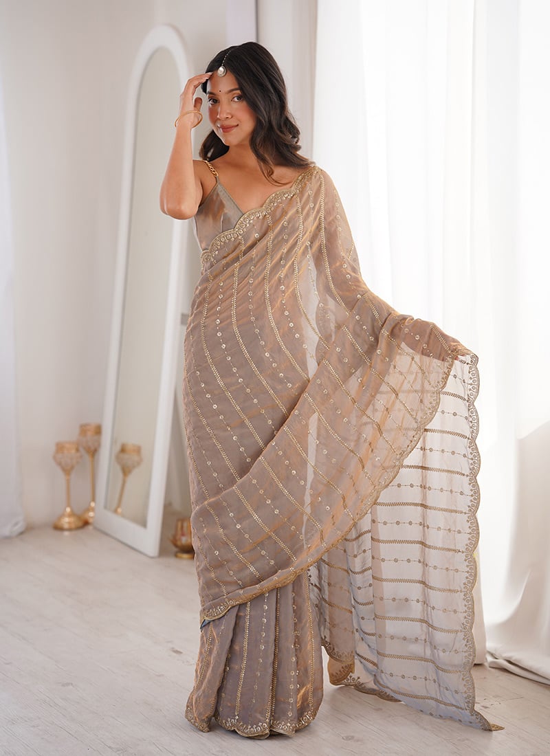 Chiku Silk Embroidered Sequins Saree Party Wear
