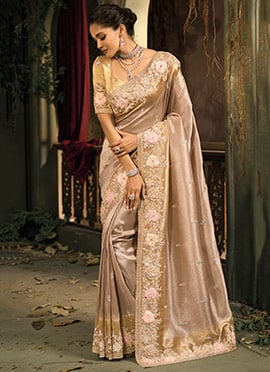 Chiku Silk Sequins Zari Saree