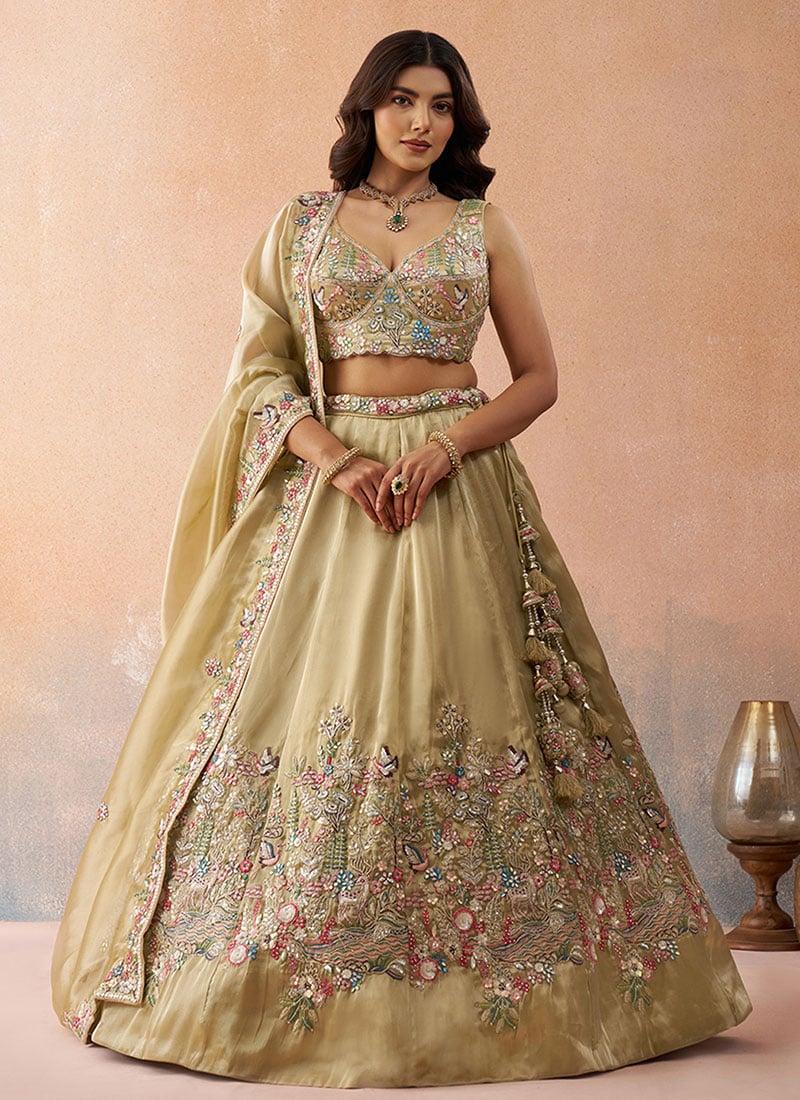 Chiku Tissue Embroidered Sequins Zari Stones Work Lehenga Wedding Wear