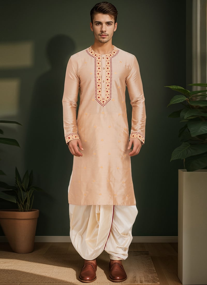 Chiku Viscose Embroidered Dhoti Style Kurta Pyjama For Men Festive Wear