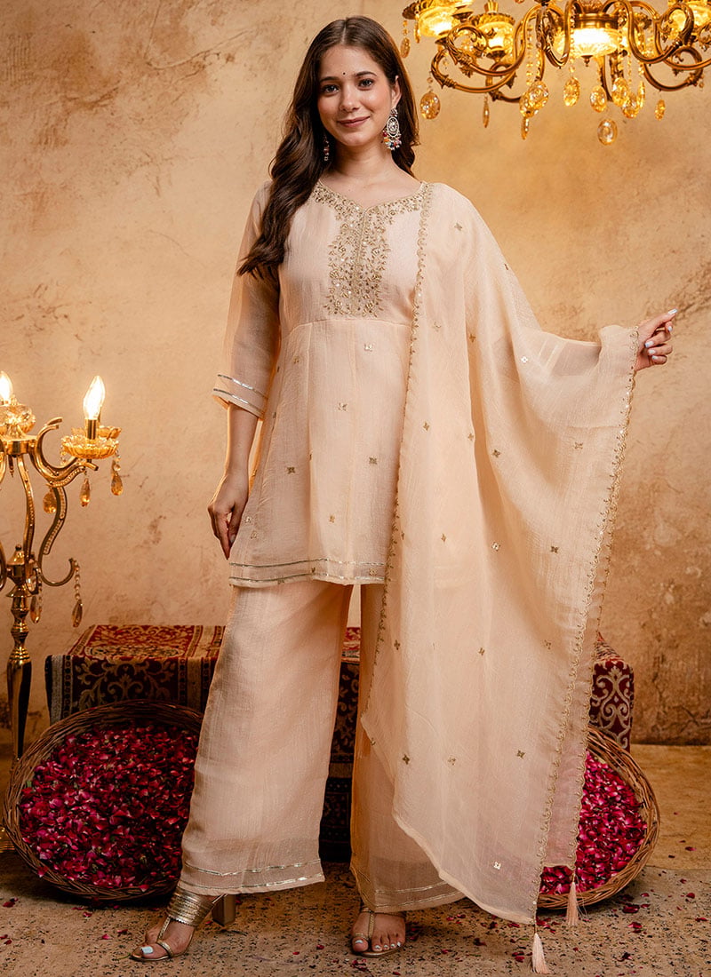 Chiku Zari Embroidery Sequins Silk Palazzo Suit Festive Wear