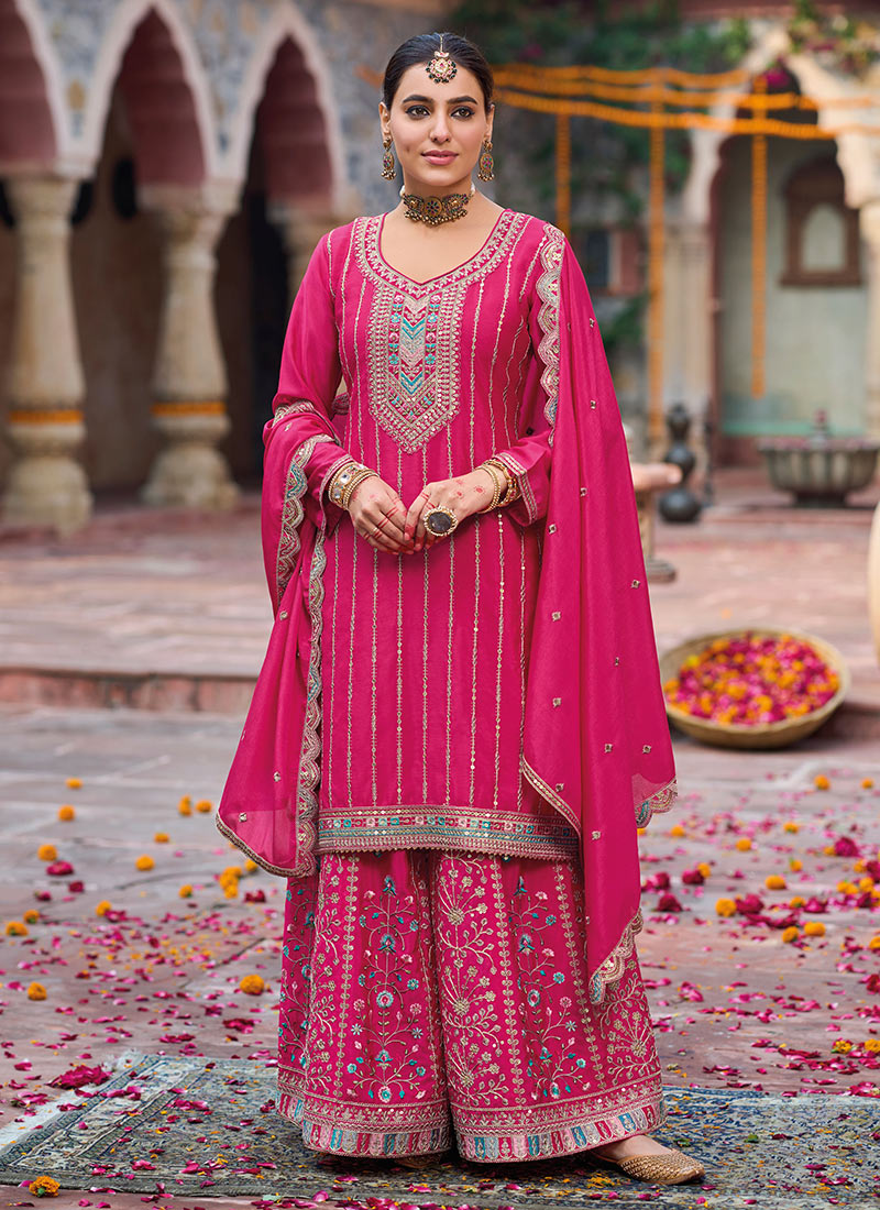 Chinon Pink Pakistani Palazzo Suit With Stunning Embroidered Sequin Detailing Festive Wear