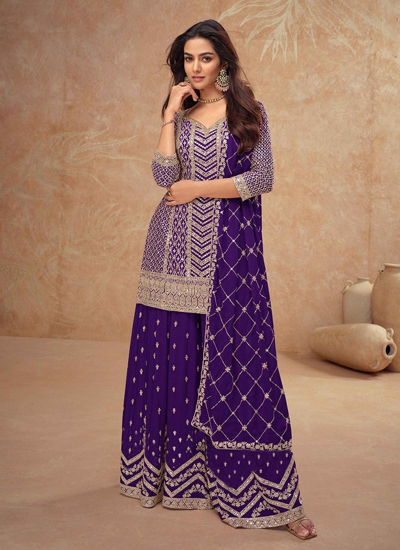 Chinon Purple Palazzo Suit Adorned With Sequins And Zari Embroidery