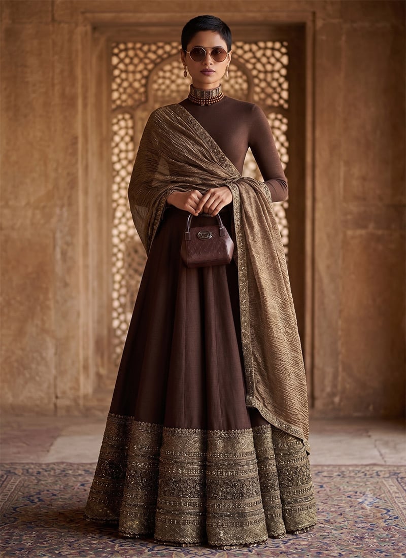 Chocolate Brown Sequins Embroidered Blooming Vichitra Silk Lehenga After Six Wear