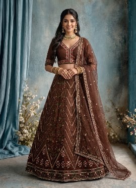 Chocolate Brown Silk Embroidered Lehenga