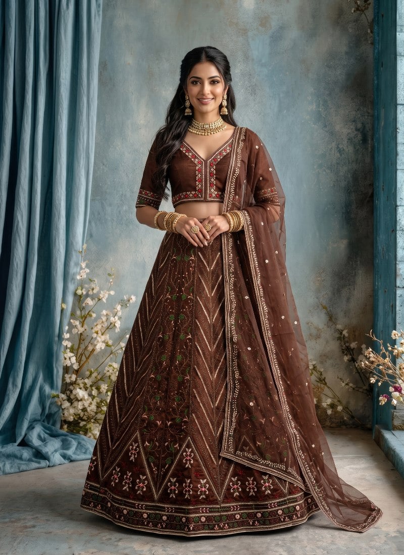 Chocolate Brown Silk Embroidered Lehenga After Six Wear