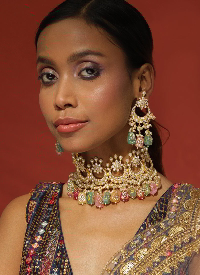 Choker Of Multicolored Golden Kundan Pearl Beaded Grandeur Wedding Wear