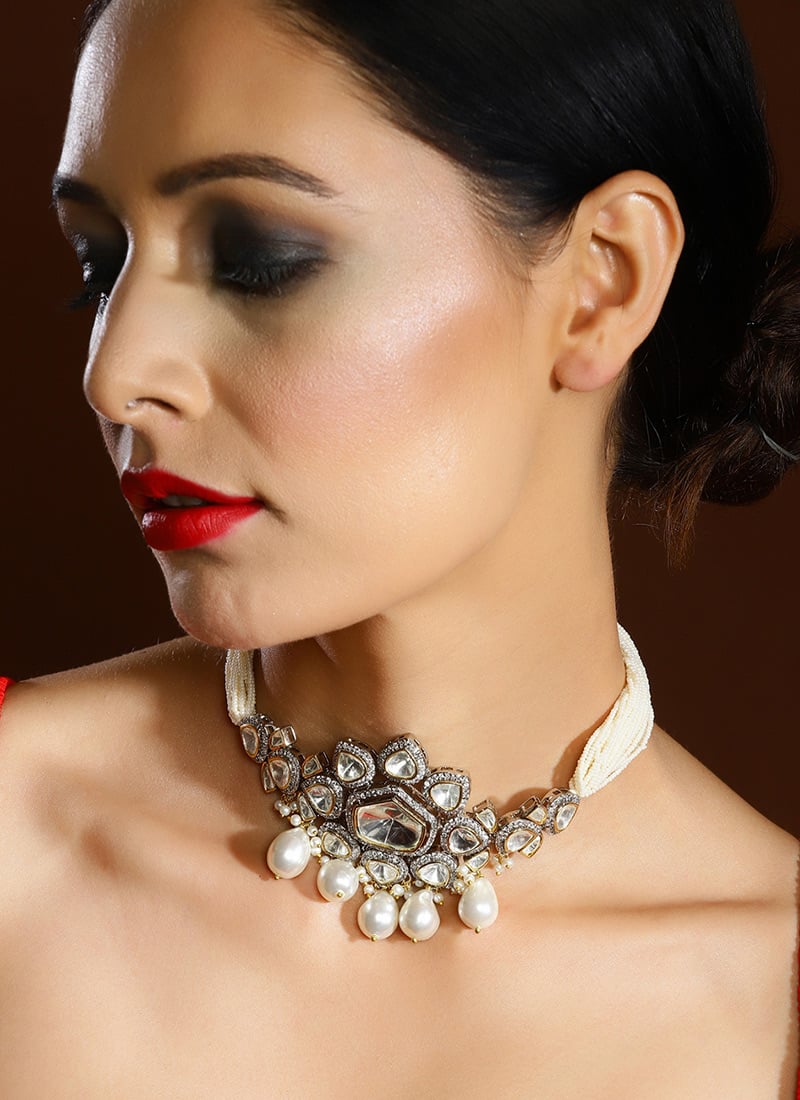 Choker Of Silver Golden Kundan Moti Beaded Brilliance
