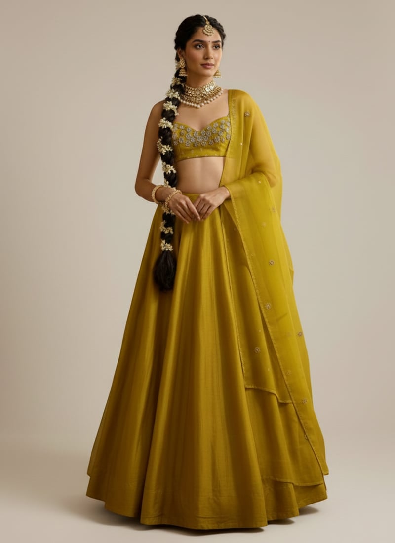 Citrine Yellow Silk Stones Hand Embroidered Umbrella Lehenga Wedding Wear