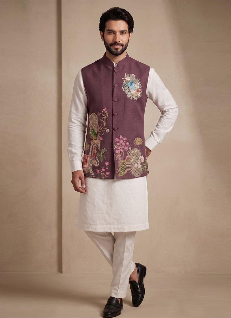 Claasic Off White Viscose With Embroidered Waist Coat Kurta Pyjama Set Festive Wear