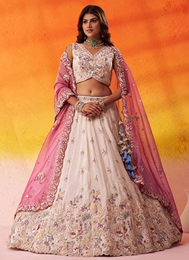 Claasy Beige Tissue Embroidered Sequins And Beads Work Lehenga