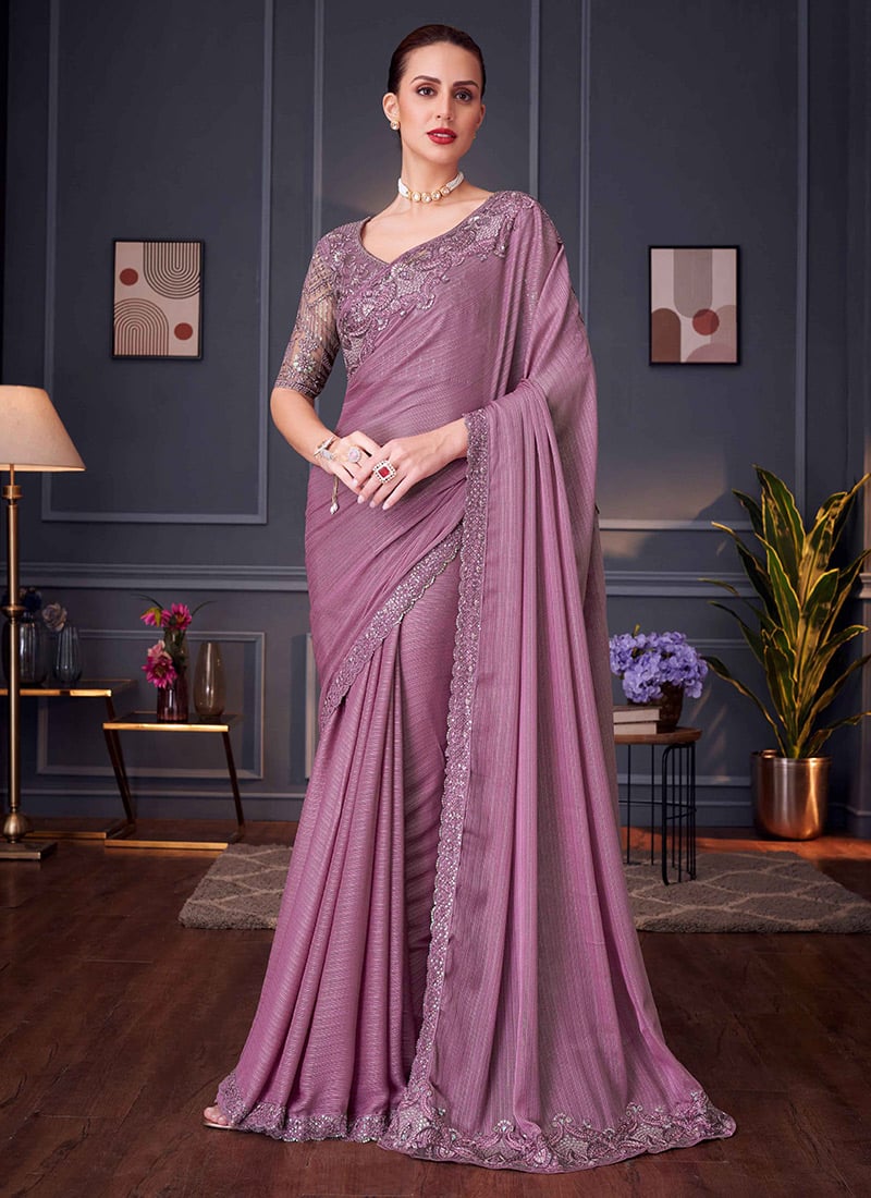Classic Beauty Lavender Silk Embroidered Sequins Saree Wedding Wear