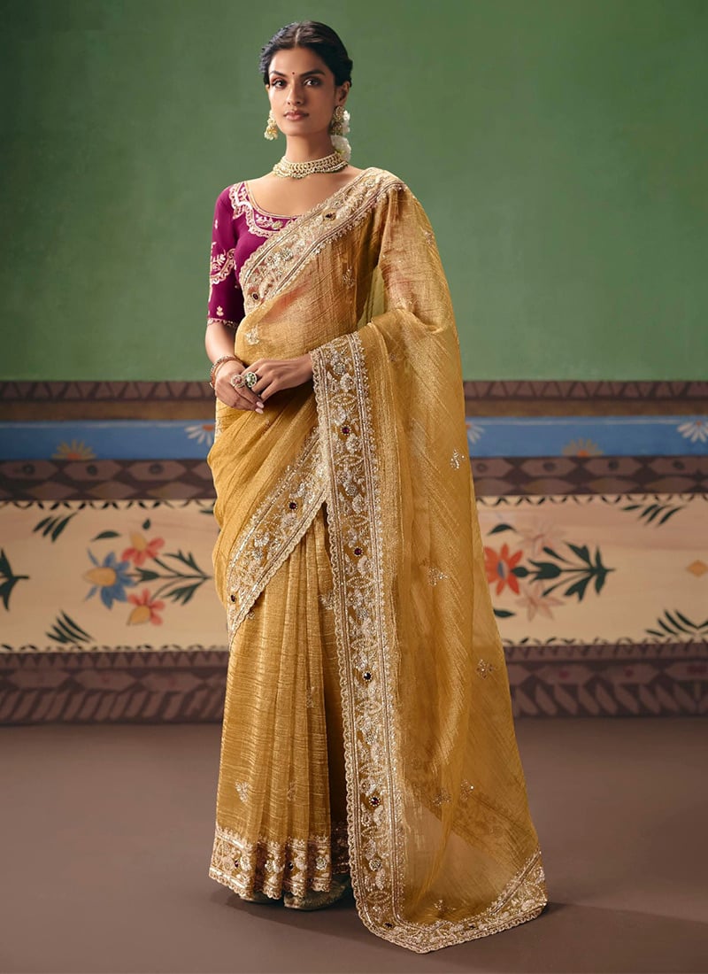 Classic Beige Art Silk Embroidered Sequins Stones Beads Saree Wedding Wear
