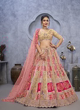 Classic Beige Banarasi Lehenga With Elegant Zari Embroidered Stone Work Sequins