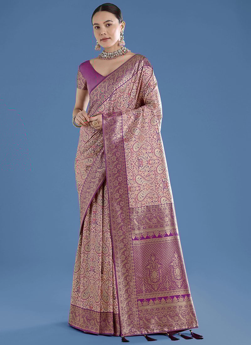 Classic Beige Banarasi Silk Paisley Zari Woven Saree Festive Wear