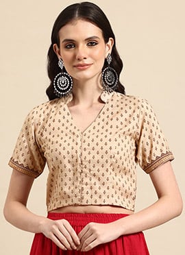 Classic Beige Blended Cotton Printed Blouse