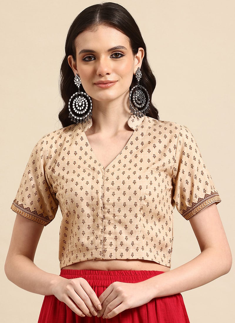 Classic Beige Blended Cotton Printed Blouse After Six Wear