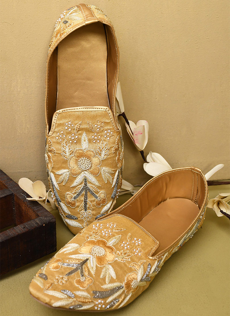 Classic Beige Dupion Silk Hand Embroidered Mojri