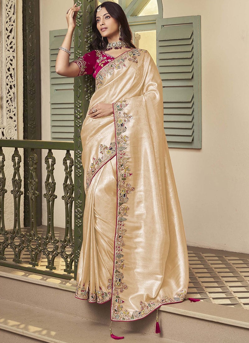 Classic Beige Jacquard Silk Sequins Stones Hand Embroidered Thread Saree Wedding Wear