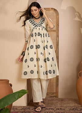 Classic Beige Khadi Silk Embroidered Thread Kurta Straight Pant Set