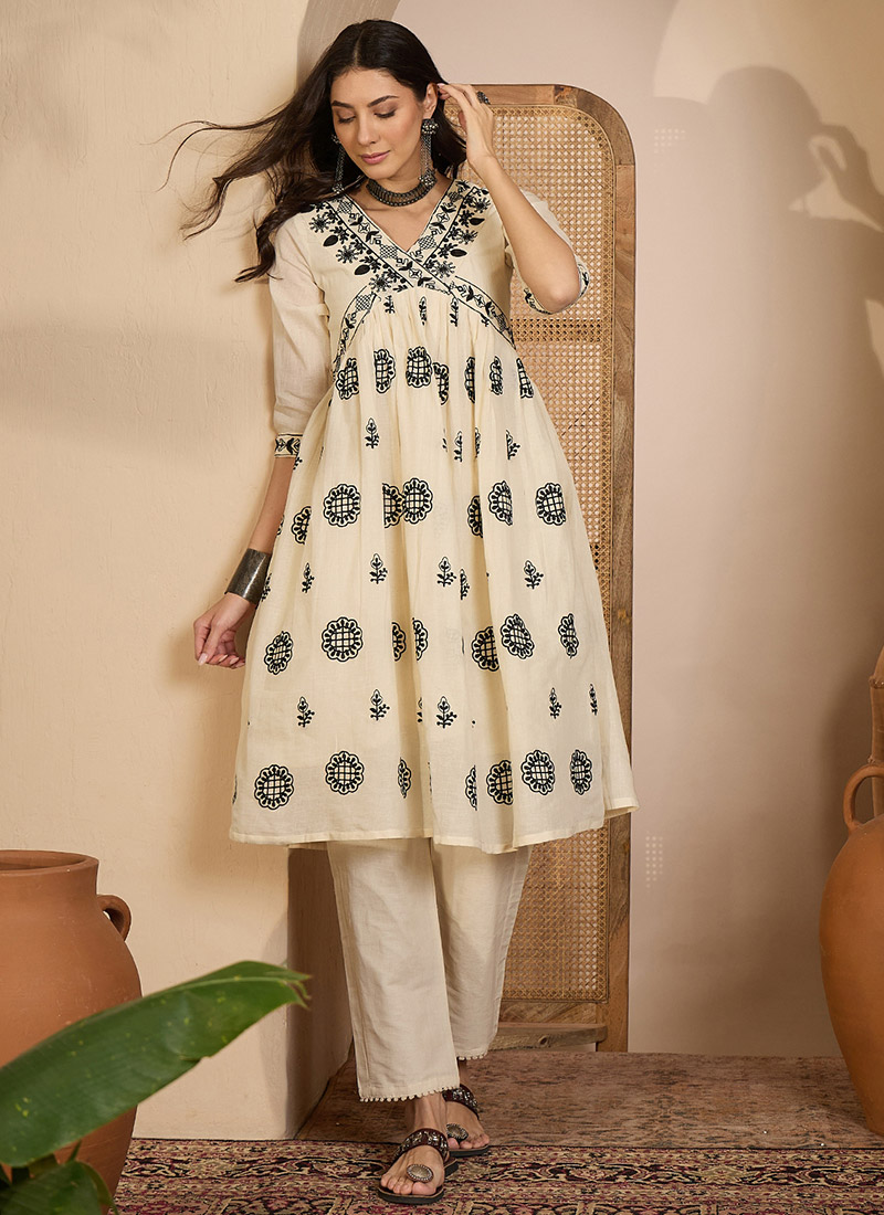 Classic Beige Khadi Silk Embroidered Thread Kurta Straight Pant Set After Six Wear