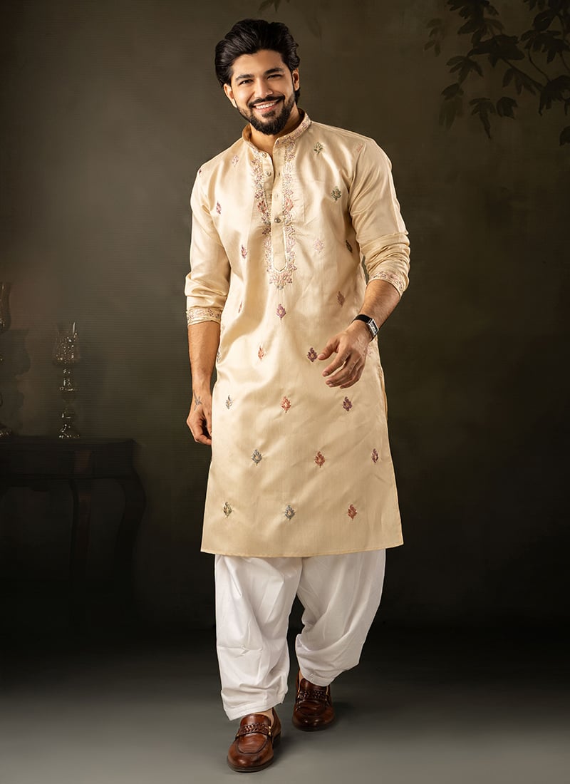 Classic Beige Linen Embroidered Sequins Thread Kurta Pyjama   Festive Wear