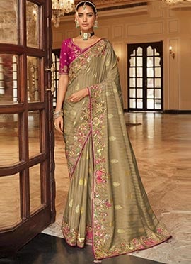 Classic Beige Soft Silk Zari Weaving Heavy Thread Embroidery Khatli Work Saree