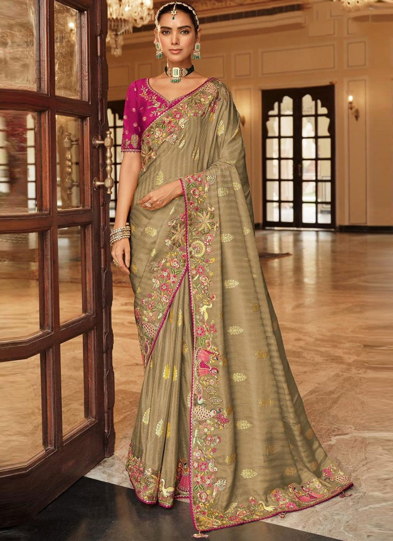 Classic Beige Soft Silk Zari Weaving Heavy Thread Embroidery Khatli Work Saree Wedding Wear