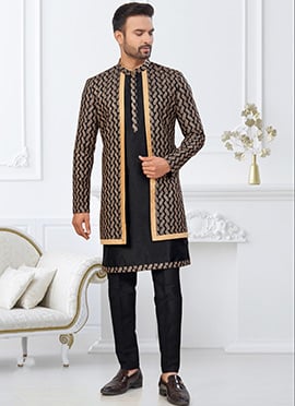 Classic Black And Beige Jackard Banarasi Silk Stones Zari Indowestern Sherwani