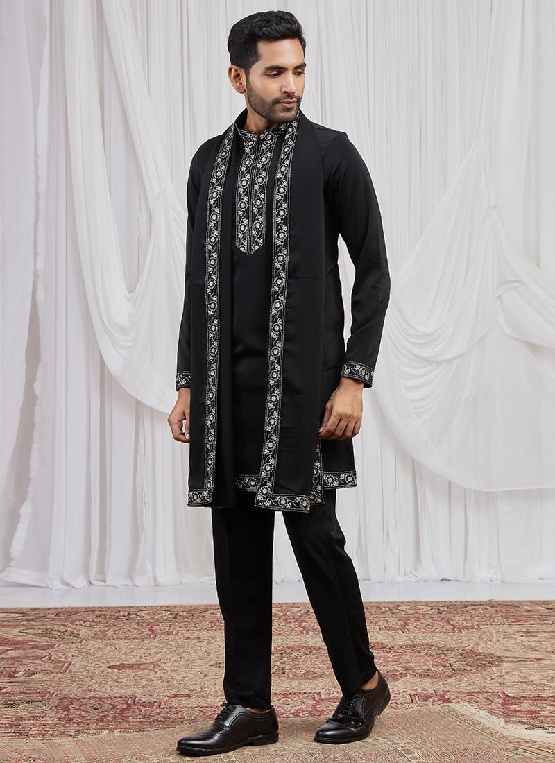 Classic Black Armani Hand Embroidered Lace Kurta Pyjama Wedding Wear