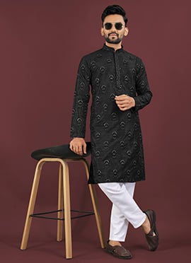Classic Black Banglori Silk Embroidered Sequins Kurta Pyjama