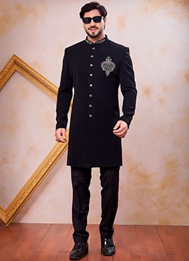 Classic Black Beads Stone Zardosi Hand Work Indowestern Sherwani