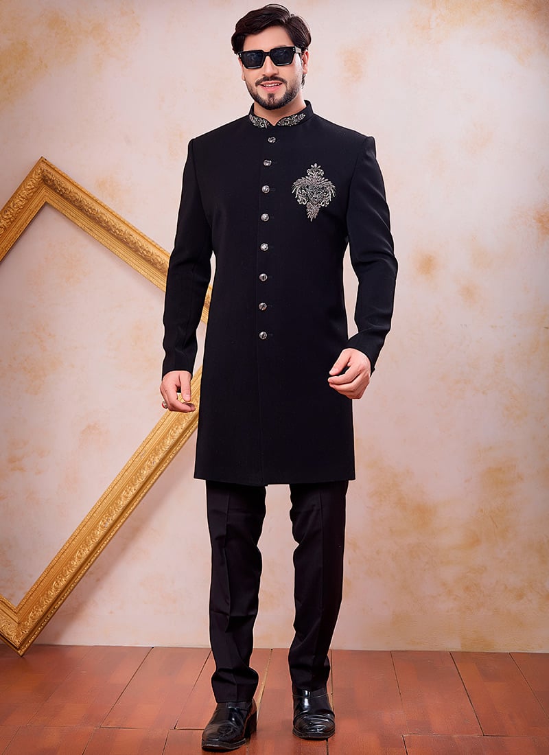 Classic Black Beads Stone Zardosi Hand Work Indowestern Sherwani Wedding Wear
