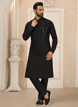Classic Black Chanderi Silk Embroidered Bandi Set