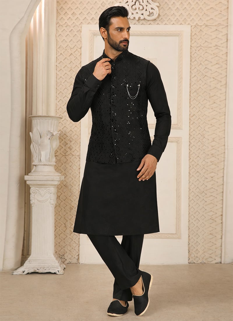 Classic Black Chanderi Silk Embroidered Bandi Set Festive Wear